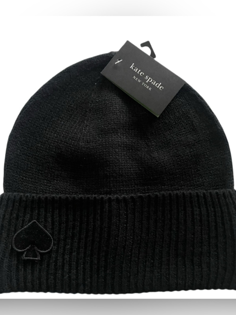kate spade black ribbed knit beanie with spade emblem